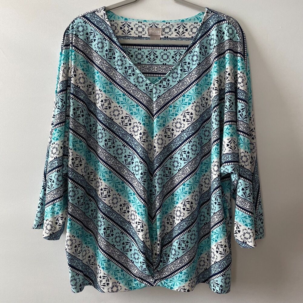 Chico’s Size 3 XL Tunic Top Teal Navy White Border Print 3/4 Sleeve